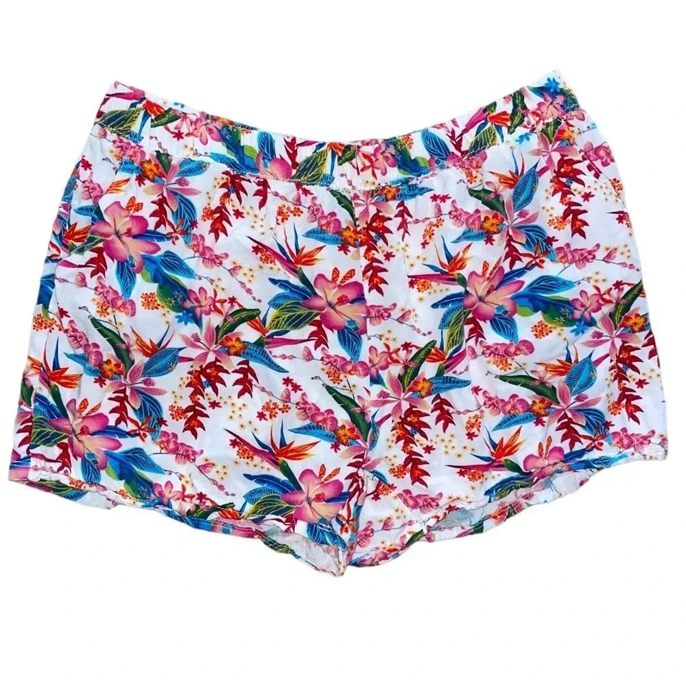 Caribbean Joe Shorts White Floral Women’s Size 16 Hawaiian Summer Stretchy Comfy